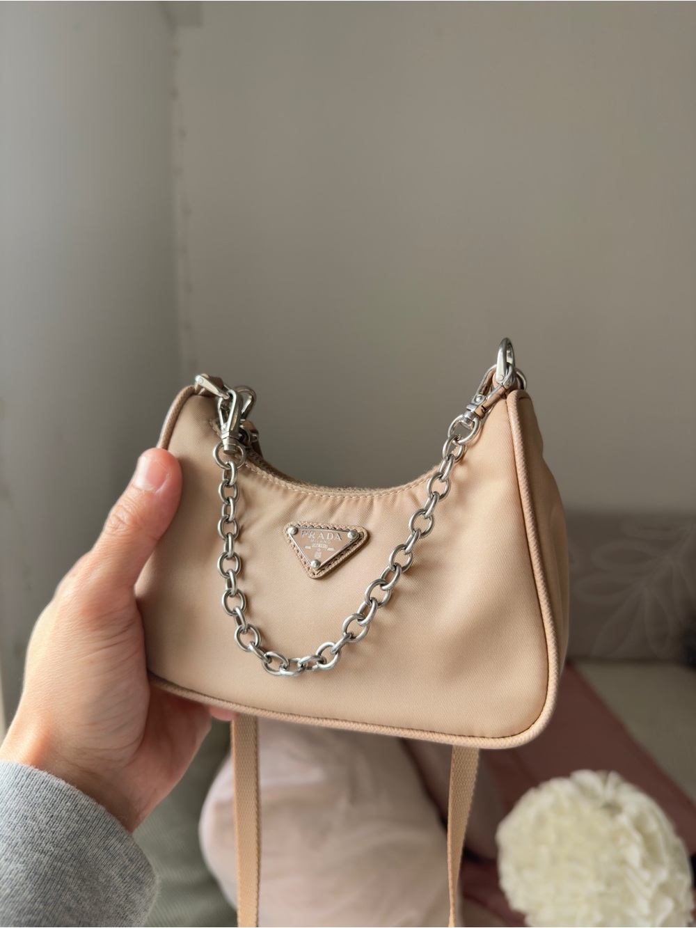 Prada Mini Nylon Shoulder Bag in Beige with Silver Chain - Picture 7 of 11